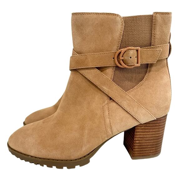 NEW Blondo Tamzin Waterproof Suede Camel Tan Ankle Booties Buckle Block Heel 10M - Picture 3 of 12